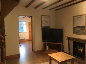 een woonkamer met een televisie en een open haard bij Selah Cottage, 21 Queen Street in Pont-rhyd-y-fen