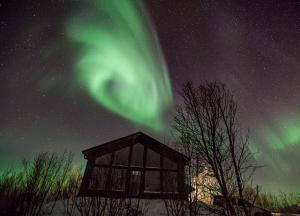 an observation cabin with the northern lights in the sky at Aurora View Cabin in Lyngseidet