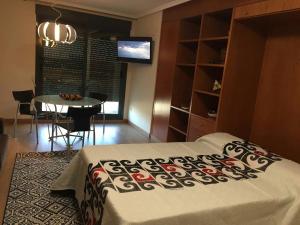 ein Schlafzimmer mit einem Bett und einem Tisch und einem Fernseher in der Unterkunft Loft en la Ciudad de las Ciencias y cerca de la playa in Valencia + 24 Fotos