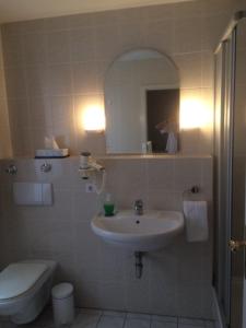 a bathroom with a sink and a toilet and a mirror at Hotel,Gasthaus zum Wenden in Wendelstein +9 photos
