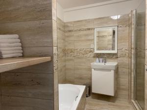 a bathroom with a sink and a toilet and a mirror at Mikulov Inn - Apartments Slunce in Mikulov