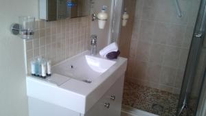 W łazience znajduje się umywalka i prysznic. w obiekcie Daly's House w mieście Doolin