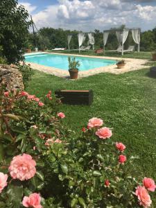 a swimming pool with pink flowers in a yard at La Canonica Di San Michele in Monteriggioni