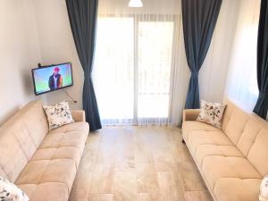 een woonkamer met een bank en een tv bij Oliva Casa Apart Hotel in Datca