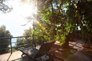 a balcony with a bench and a tree and the sun at Nostos Hotel in Afitos