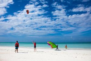 um grupo de pessoas na praia soltando pipas em Geo Zanzibar Resort em Jambiani