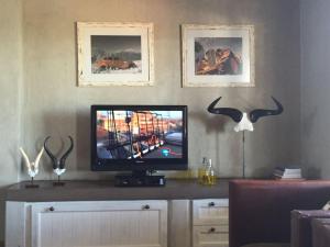a television sitting on top of a cabinet with antlers at Kalahari Cottage in Askham