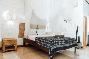 a bedroom with a bed with a cat laying on it at Balangan Inn Surf Homestay in Jimbaran +21 photos