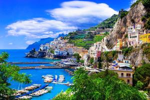 a view of a harbor with boats in the water at Coastal Cliff, Amalfi in Pianillo