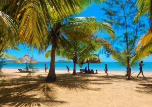 people walking on a beach with palm trees at Reva Castel in Nosy Be