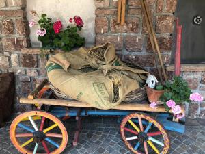 a blanket on a cart with colorful wheels at Villa la Dama del Lago in Molveno