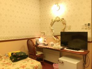 1 dormitorio con escritorio, TV y espejo en Pension Puppy Tail, en Hakodate