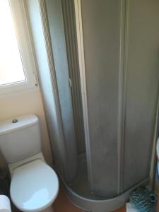 a bathroom with a white toilet and a shower at Agri Village Pavia in Certosa di Pavia
