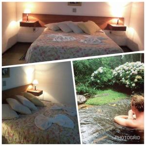 two pictures of a bedroom with a bed and a man laying on the bed at Pousada Moinho Azul in Teresópolis