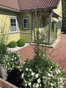 a house with a flower garden in front of it at Viigi Villa in Haapsalu