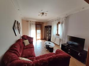 a living room with a red couch and a tv at Elpida Apartment in Limenas