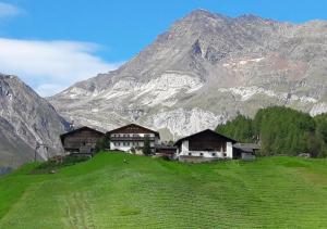 un gruppo di case su una collina con una montagna di Petergut a Plan