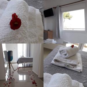 a collage of pictures of a bed with a red flower on it at Afytos Dream suites sea view in Afitos