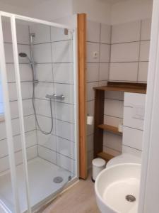 y baño con ducha, aseo y lavamanos. en Mosel View Old Town Apartments en Zell an der Mosel
