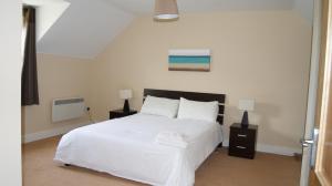 een slaapkamer met een wit bed met 2 lampen en een televisie bij No 9 Seanachaí Holiday Homes Holiday home in Dungarvan