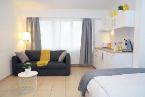 a living room with a couch and a kitchen at nice central studio in Luxembourg