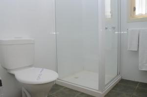 a white bathroom with a toilet and a shower at Sportsmans Motor Inn in Barooga