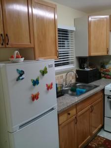a kitchen with a white refrigerator with butterflies on it at Small's Cozy Rest 1 in Alice Town