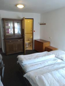 um quarto com 2 camas individuais e uma casa de banho em Apartmany Pohoraly em Rokytnice nad Jizerou