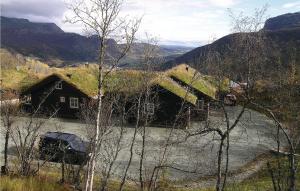a house with a grass roof with a car parked next to a river at Cozy Home In Hemsedal With Wifi in Hemsedal
