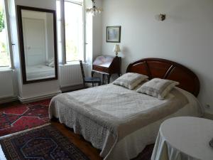 a bedroom with a large bed and a mirror at La Promenade en Champagne in Mussy-sur-Seine
