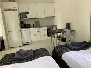 Green Door Apartments في يوفاسكولا: مطبخ بسريرين وطاولة وثلاجة