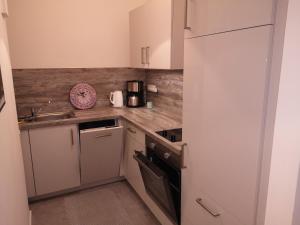a small kitchen with white cabinets and a sink at City Apartment Bahnhofnah in Kiel +1 photo
