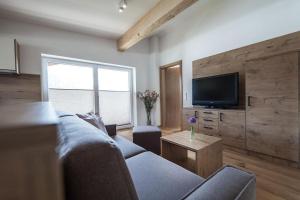 un salon avec un canapé et une télévision à écran plat dans l'établissement Appartement Meier, à Seefeld in Tirol