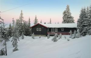 une cabine rouge dans la neige avec des arbres dans l'établissement 3 Bedroom Cozy Home In Sjusjen, à Sjusjøen
