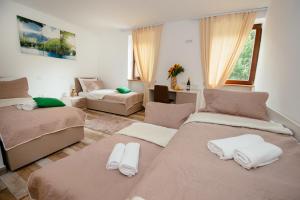 een slaapkamer met 2 bedden en een woonkamer bij Sunny Rooms in Most na Soči