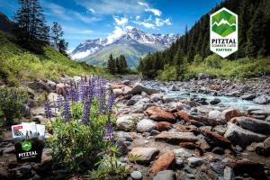 rzeka z fioletowymi kwiatami i góra w tle w obiekcie Hotel Gundolf w mieście St. Leonhard im Pitztal