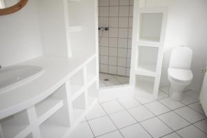 a white bathroom with a toilet and a shower at Sædding Strandvej (ID 119) in Esbjerg +10 photos