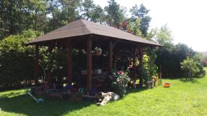 a wooden gazebo with a dog laying in the grass at Tajemniczy Ogród in Sztutowo