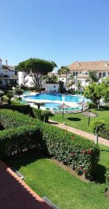 a garden with a swimming pool and some flowers at Carib Playa Marbella apartments in Marbella