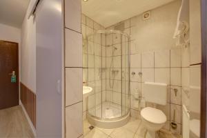 a bathroom with a shower and a toilet and a sink at Aparthotel Deutschmeister in Bad Mergentheim +106 photos