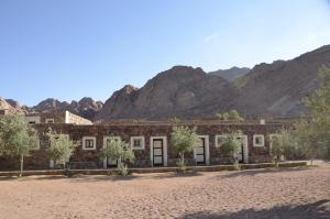 a building in the desert with mountains in the background at Sheikh Mousa Bedouin Camp in Saint Catherine