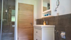 ein Badezimmer mit einem weißen Waschbecken und einer Dusche in der Unterkunft Apartment Ginzling in Mayrhofen