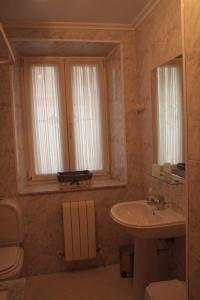a bathroom with a sink and a toilet and a mirror at Los Gallos in Sobremazas