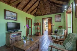 a living room with a flat screen tv and green walls at Casa Rural de Abuelo - Con zona habilitada para observación astronómica in Hoyagrande