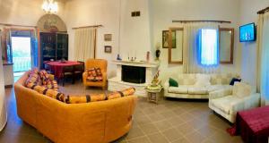 a living room with two couches and a fireplace at Villa Vasiliki in Palioúras