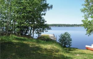 a dock on a lake with a boat in the grass at Amazing home in Bolms with 3 Bedrooms, Sauna and WiFi in Bolmsö