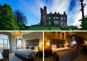 
two pictures of a bedroom with a bed and a tv at Sherbrooke Castle Hotel in Glasgow
