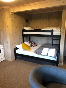 GaustablikkにあるDen Lykkelige Sportsmannの二段ベッド2台とバスタブが備わる客室です。