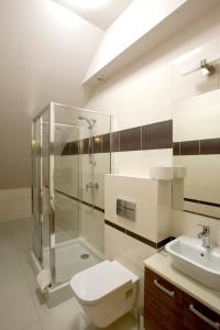 W łazience znajduje się prysznic, toaleta i umywalka. w obiekcie Karczma Dolina Pstrąga w mieście Machowa