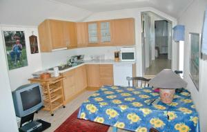 - une cuisine avec un lit et une télévision dans une chambre dans l'établissement Cozy Home In Henn With Kitchen, à Henån